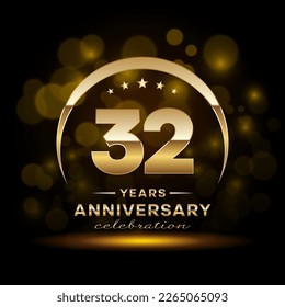 32th Anniversary Celebration. Logo design with golden ring and text for anniversary celebration event, invitation, wedding, greeting card, banner, poster, flyer, brochure. Logo Vector Template