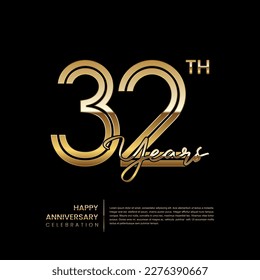 32th anniversary logo with double line style. Gold line art design. Logo Vector Template