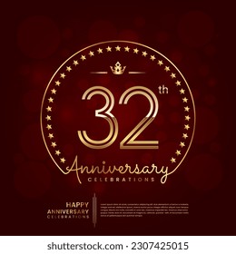 Logo del 32º aniversario con número de línea doble y texto dorado para celebración de cumpleaños, invitación, afiche de pancartas, volante y tarjeta de saludo, plantilla de vector