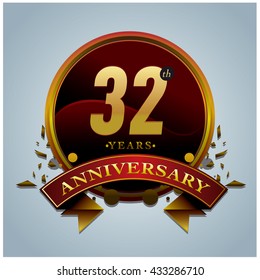 32th anniversary logo with gold circle badge. Anniversary signs illustration. Gold colors anniversary logo with circle ring