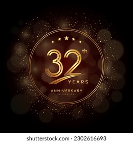 Logo del 32º aniversario con estilo de doble línea dorado decorado con brillo y confit Vector EPS 10