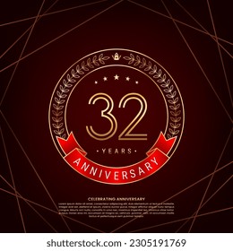 Logo del 32º aniversario con flores de laurel dorado y números de doble línea, diseño de logo para la celebración del aniversario, diseño vectorial de doble línea