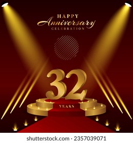 Logo del 32º aniversario con números y podio en color oro, diseño de logotipo para evento de celebración, invitación, tarjeta de saludo, banner, afiche y flyer, plantilla vectorial