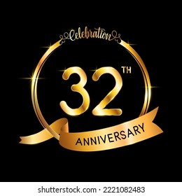 32th Anniversary. Perfect template design for Anniversary celebration event with gold color ribbon and ring, vector illustration
