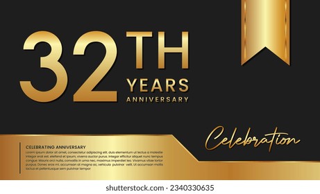 Diseño de plantilla de 32 años en color oro aislado en fondo negro y dorado, plantilla vectorial