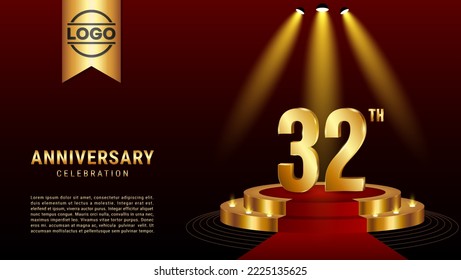 32th Anniversary. Template design with golden stage for celebration event, wedding, greeting card and invitation card. Vector illustration EPS10