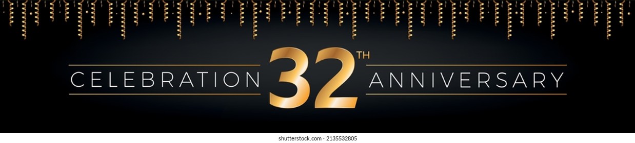 32th anniversary. Thirty-two years birthday celebration horizontal banner with bright golden color.