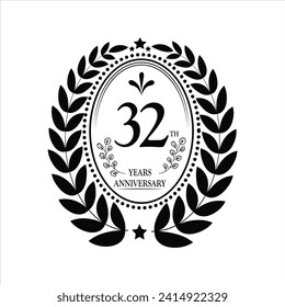 32th Years Anniversary celebration. Vector Template festive illustration black color with white background. Birthday or wedding party event decoration.