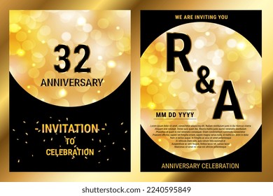 Vector de 32 años de edad papel negro carta doble invitación de lujo. Folleto de la celebración del aniversario de la boda. Plantilla invitacional para impresión de fondo negro y dorado
