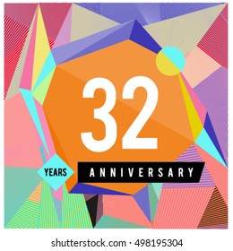 32th years greeting card anniversary with colorful number and frame. logo and icon with Memphis style cover and design template