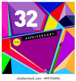 32th years greeting card anniversary with colorful number and frame. logo and icon with Memphis style cover and design template