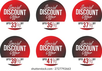 33, 35, 37, 39, 41, 43% Etiquetas de oferta especial en diseño circular rojo y negro