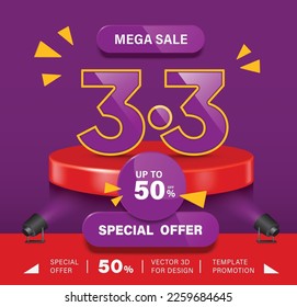 3.3 3D with purple area and yellow border around it display on round podium and there is promotional message mega sale campaign with discount 50% off,vector for promotion on three day of three month