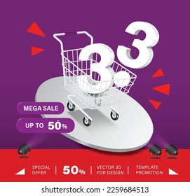 3.3 3D text float out shopping cart and below them there is promotional tag in the mega sale campaign 50% off and all on a round podium,vector for Promotion on the third day of the third month