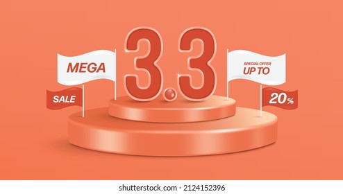 3.3 3D text on top of overlapping spherical podiums and with flags placed on both sides For the design of advertising media, promotions, mega sale, day three months three,vector isolated