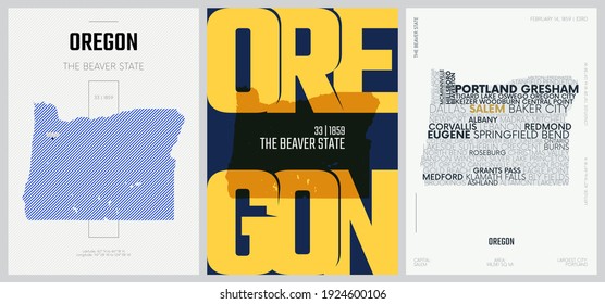 33 of 50 sets, US State Posters with name and Information in 3 Design Styles, Detailed vector art print Oregon map