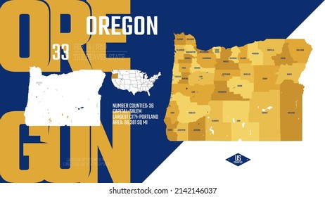 33 of 50 states of the United States, divided into counties with territory nicknames, Detailed vector Oregon Map with name and date admitted to the Union, travel poster and postcard