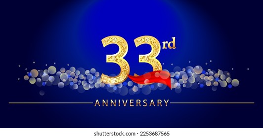 33 anniversary celebration. 33rd anniversary celebration. 33 year anniversary celebration logo with glitter, confetti, red ribbon and blue background.