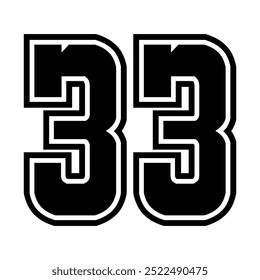 33 Clássico Vintage Sport Jersey Números uniformes em preto com um número de linha de contorno externo preto em fundo branco para futebol americano, beisebol e basquete ou futebol para camisa