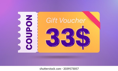 33$ coupon promotion sale for website, internet ads, social media. Big sale and super sale coupon code $33 discount gift voucher with coupon vector illustration summer offer ends weekend holiday