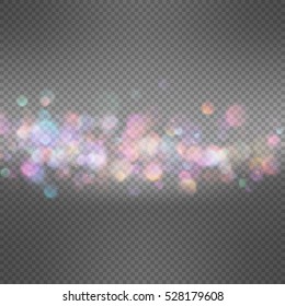 33 defocused bokeh lights on dark transparent background. Festive background for card, flyer, invitation, placard, voucher. EPS 10 vector file included