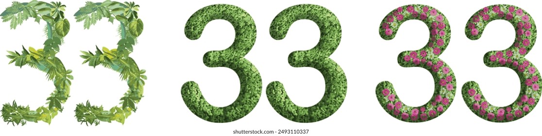 33, design made from green grass, leaves and flower, .suitable for birthday, anniversary and memorial day templates, go green concept	
