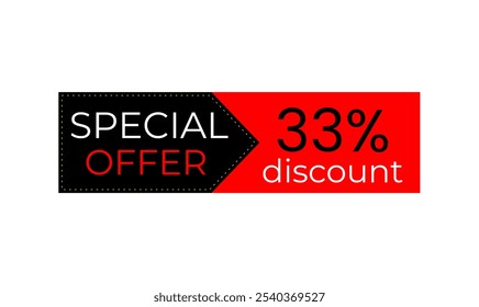 33% discount banner. Black and red banner. Offer tag. Shop promotions, commerce sales. Vector design. Thirty three percent off.