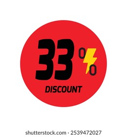 33% discount icon vector a red circular tag with and a yellow lightning bolt symbol.