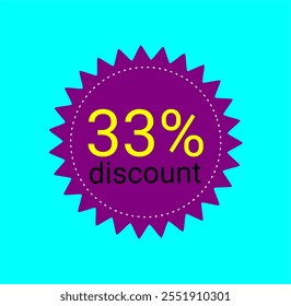 33% discount tag. Purple and yellow label. Store promotions, online commerce sales. Thirty three percent off.