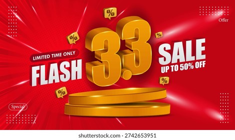 3.3 Flash sale discount backgrounds. Red background and podium. For shopping days, online shopping, special offer coupons, vouchers, banner templates, websites, social media ads.