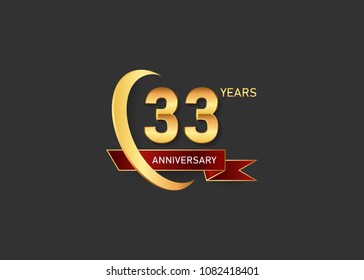 33 golden anniversary design logotype  with gold swoosh ring and red ribbon can be used  for celebration event, isolated on dark background