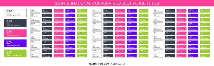 33 International corporate executive Job Titles, CEO CAE CBO CFO CSA CAO CCO CDO CFS CIO HR vector banners for web design, corporate organizational structure elements