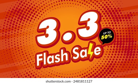 3.3 March flash sale template for shopping advertisement campaign. Orange poster with thunder elements. Ads for web, social media, online shopping