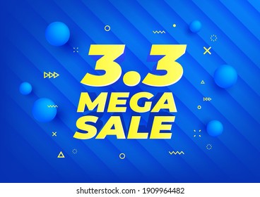 3.3 Mega Sale. Shopping day sale poster or flyer design. 3.3 online sale on blue background, Special offers and promotion template banner.