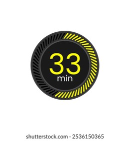 33 min timer icon. Chronometer vector illustration. Black and Yellow. Thirty three minutes.