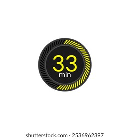 33 min timer icon. Chronometer vector illustration. Black and Yellow. Thirty three minutes.