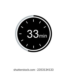 33 minute timer vector icon, 33 min stopwatch symbol.