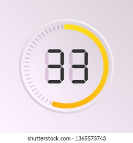 The 33 minutes, stopwatch vector icon, digital timer. Vector digital count down circle board with circle time pie diagram. Watch outline style design, designed for web and app.