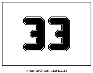 33 number classic american, college style font. Uniform letter in black with a black outside contour line. Vintage sport font.For jersey, t-shirt, basketball, baseball, football. Isolated vector