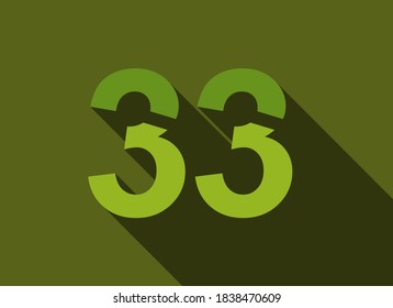 33 Número con sombra larga, color verde estilo de corte. Para logotipo, etiqueta de marca, elementos de diseño, identidad corporativa, aplicación y más. Ilustración modificable del vector.