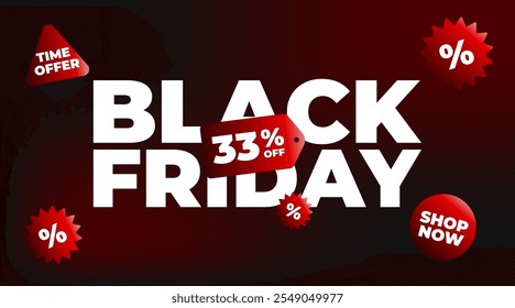 33% off Black Friday Sale Banner. Thirty three percent off. Red and black color. Time offer. Shop now. Holiday promotions and discounts. Vector illustration.