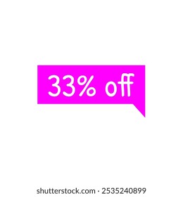 33% off. Discount tag magenta and white text. Marketing promotions, retail sales. Simple offer tag. Thirty three percent off.