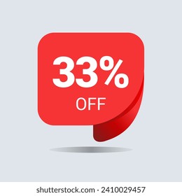 33% off discount, thirty three percent chat balloon. Special offer sale red tag. Concept of the price list for discounts. Advertising campaign, sales, label offer. Vector illustration.