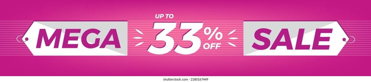 33 % Rabatt. Horizontal rosa Banner. Werbung für Mega Sale. Bis zu 33 % Rabatt für Angebote und Angebote.
