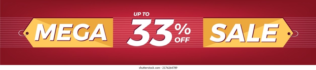 33% off. Horizontal red banner. Advertising for Mega Sale. Up to thirty-three percent discount for promotions and offers.