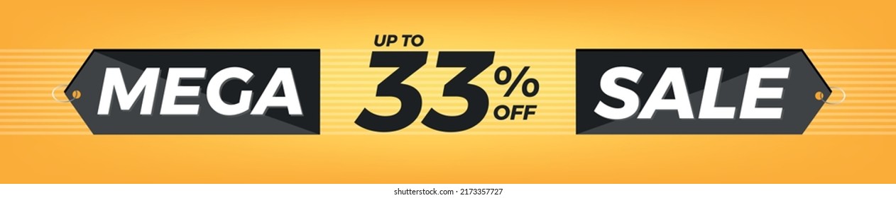 33% de descuento. Banner amarillo horizontal. Publicidad para Mega Venta. Hasta un 33% de descuento para promociones y ofertas.