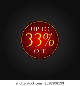 33% off. Red and yellow discount tag. Marketing promotions, commerce sales. Vector design. Thirty three percent off.