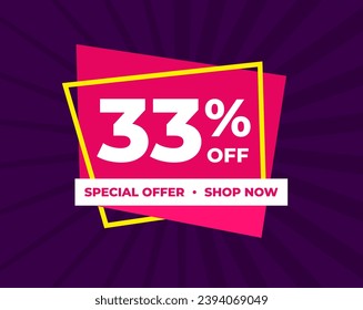 33% off, thirty three percent, special offer, shop now. Background Label. Purple and pink. Discount special offer. Banner with offer emblem. Modern concept design. Vector illustration.