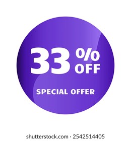 33% off. Thirty three percent off, Special Offer. Discount sale banner design template. Discount tag. Vector illustration. Purple Design.