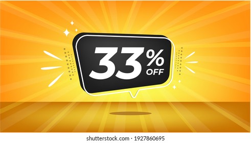 33% off. Yellow banner with thirty-three percent discount on a black balloon for mega big sales.